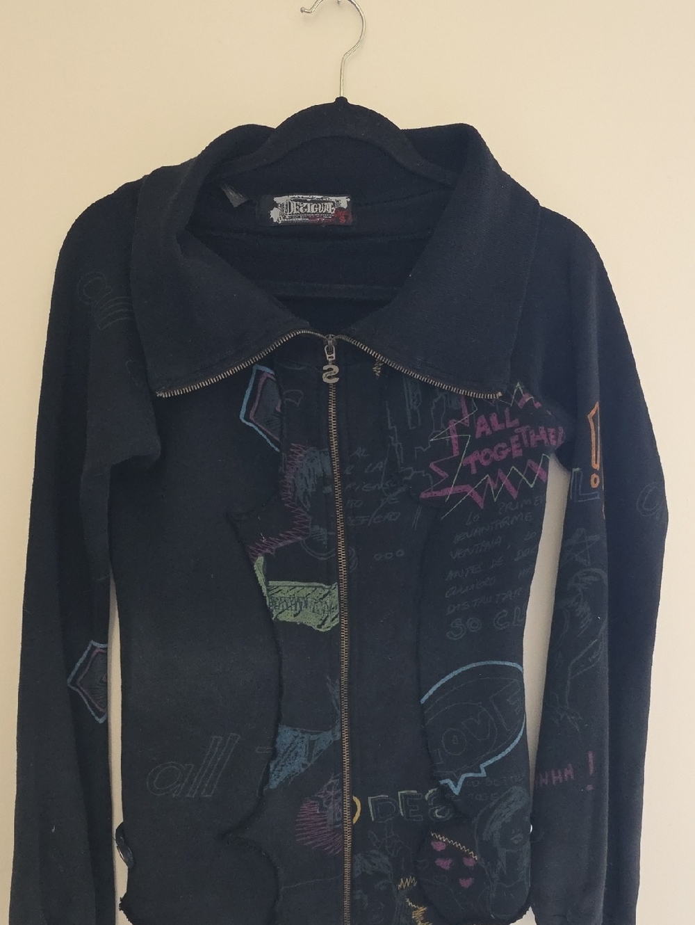 Desigual Black Bomber Zipper Over Sweater with Multicolor Graphic Accents